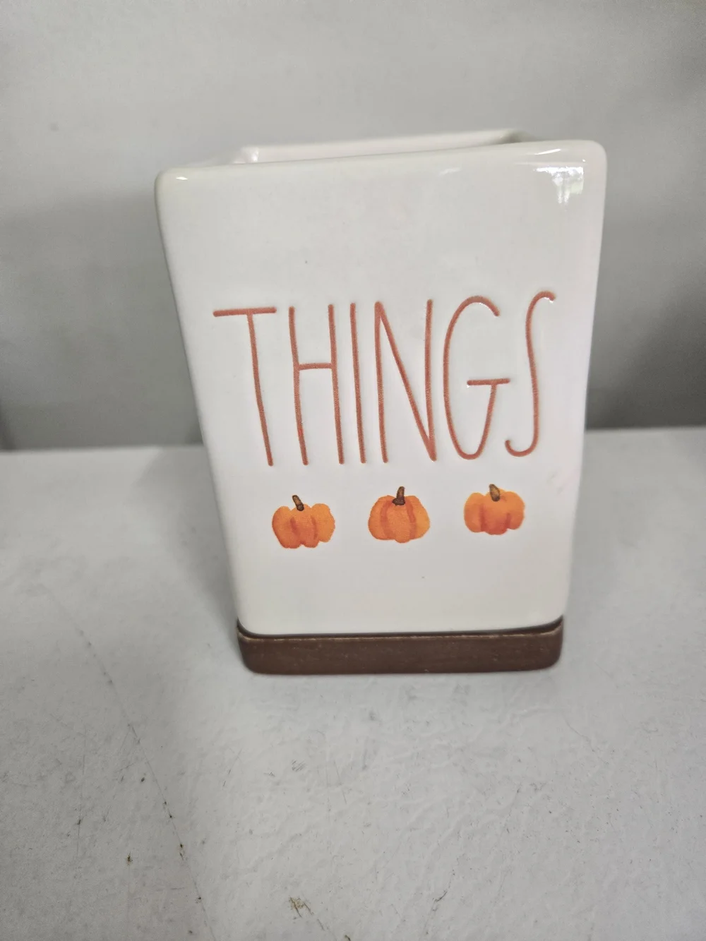 Rae Dunn White Ceramic 'THINGS' Bath Tumbler with Orange Pumpkin Accents